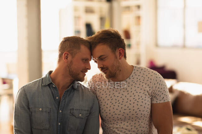 Front view of Caucasian male couple relaxing at home, sitting together in their living room, embracing and interacting. — Stock Photo