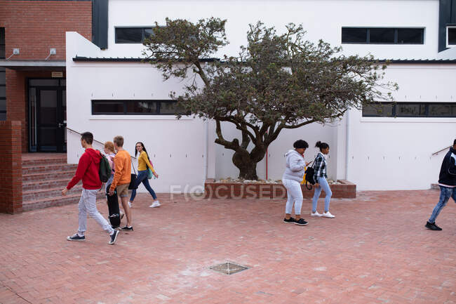 Вид сбоку на многонациональную группу подростков мужского и женского пола школьников со школьными сумками, болтающимися, гуляющими и разговаривающими на территории средней школы — стоковое фото
