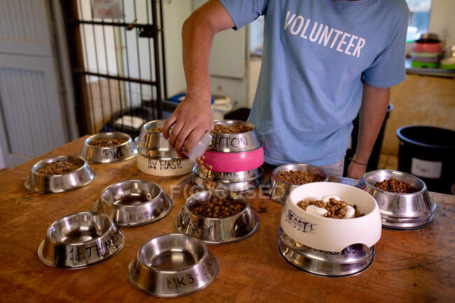 Vista frontal seção média de um voluntário masculino em um abrigo de animais em uma sala preparando muitas tigelas de comida para seus cães. — Fotografia de Stock
