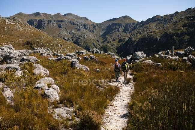 Vue arrière du couple caucasien profitant du temps dans la nature ensemble, portant un équipement de tyrolienne, randonnée, se tenant la main par une journée ensoleillée dans les montagnes — Photo de stock