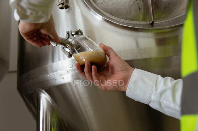 Sección media del hombre que trabaja en una microcervecería que vierte cerveza de una cuba en un vaso para su inspección. - foto de stock
