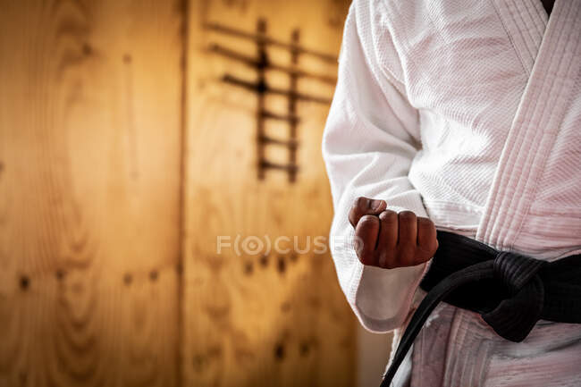 Vue de face du milieu du judoka portant du judogi bleu, s'échauffant avant un entraînement dans une salle de gym, frappant une pose, frappant l'air. — Photo de stock