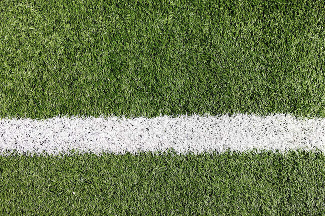 Close up of a white line drawn on a grass football pitch on a sunny day. Sports stadium football ground. — Stock Photo