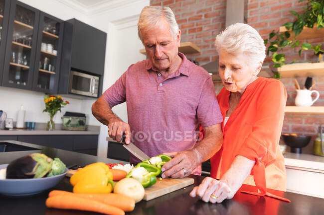 Feliz pareja de ancianos caucásicos jubilados en casa, preparando comida y sonriendo en su cocina, el hombre cortando verduras, la mujer mirando y hablando con él, en casa juntos aislando durante coronavirus covidemic 19 pandemia - foto de stock