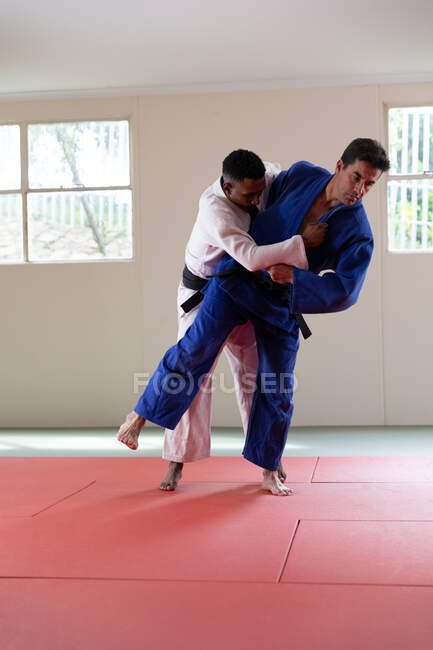 Front view of a mixed-race male judo coach and teenage mixed-race male judo player, wearing blue and white judogi, practicing judo during a training in a gym. — Stock Photo