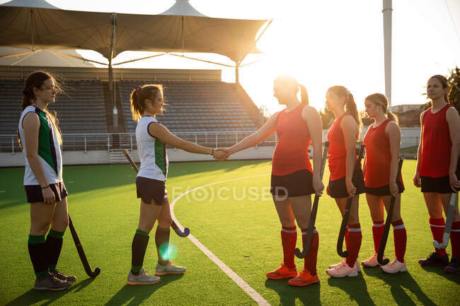 Seitenansicht einer Gruppe kaukasischer Hockeyspielerinnen vor einem Spiel, an einem sonnigen Tag in einer Reihe stehend und die Gegner begrüßend — Stockfoto