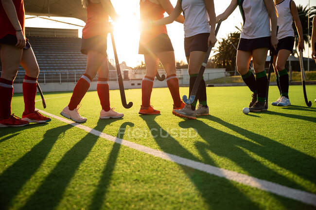 Вид сбоку низкая часть группы женщин хоккеистки на траве, перед игрой, стоя в ряд, приветствуя оппонентов, в солнечный день — стоковое фото