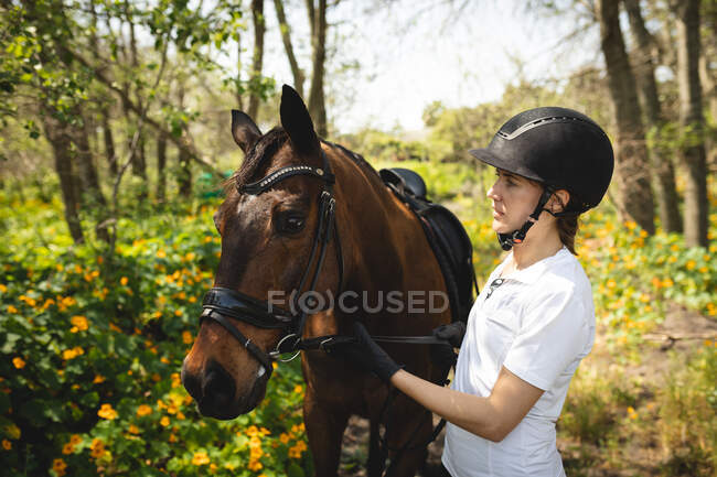 Vista laterale da vicino di una cavallerizza caucasica vestita con disinvoltura che conduce un cavallo di castagno lungo un sentiero attraverso una foresta durante una giornata di sole. — Foto stock