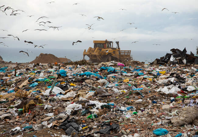 Vogelschwärme fliegen über Fahrzeuge, die arbeiten und Müll entsorgen, der sich auf einer Mülldeponie mit wolkenverhangenem Himmel im Hintergrund türmt. Globale Umweltfrage der Abfallentsorgung. — Stockfoto