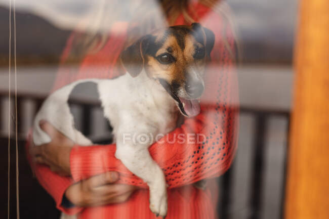 Vista frontal de la mujer pasándola bien en un viaje a las montañas, de pie en una cabaña, sosteniendo un cachorro - foto de stock