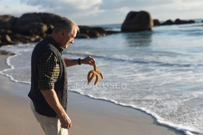 Vue latérale d'un vieil homme caucasien explorant seul sur une plage, tenant une étoile de mer sur le sable, avec un ciel bleu et la mer en arrière-plan — Photo de stock