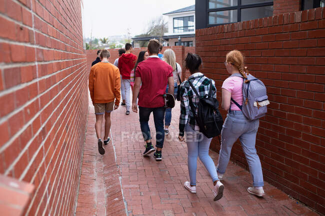 Vista posteriore di un gruppo multietnico di alunni adolescenti di sesso maschile e femminile con schoolbag appendere fuori, a piedi nel loro liceo — Foto stock