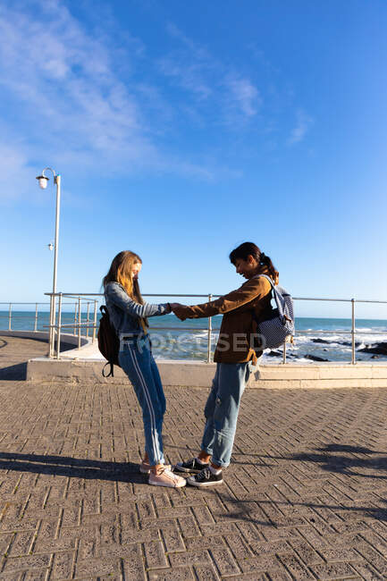 Seitenansicht einer kaukasischen und einer gemischten Rasse Mädchen genießen die Zeit zusammen hängen an einem sonnigen Tag, auf der Promenade am Meer stehen, Händchen halten, lächeln. — Stockfoto