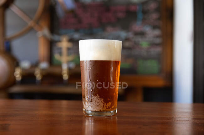 A pint glass of real ale with a head of foam sitting on the wooden bar at a microbrewery pub. — Stock Photo