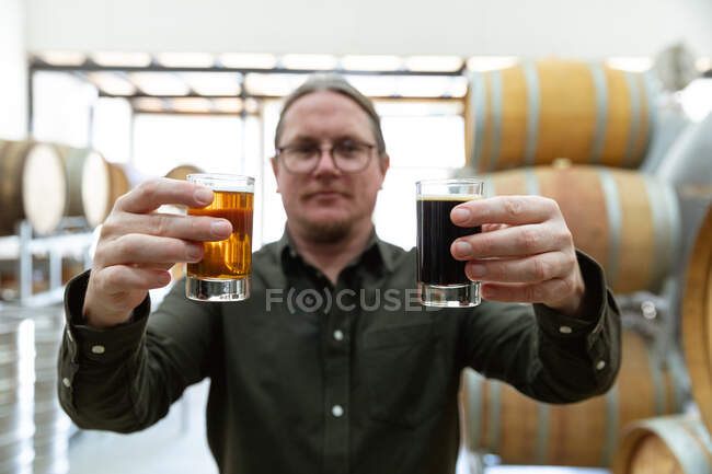 Кавказский мужчина держит два бокала разных сортов пива в микропивоварне с деревянными бочками на заднем плане. — стоковое фото