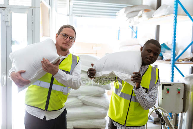 Caucasian and African American men working in a microbrewery, wearing high visibility vests, holding white bags of malt and looking straight into a camera. — Stock Photo