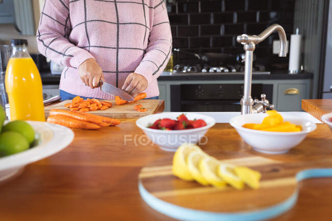 Mid section of female vlogger at home in her kitchen, demonstrating preparing food recipes for her online blog. Social distancing and self isolation in quarantine lockdown. — Stock Photo