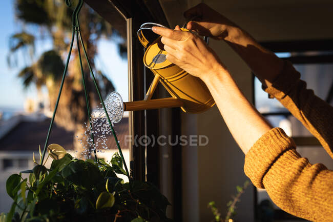 Mid section of woman spending time at home self isolating and social distancing in quarantine lockdown during coronavirus covid 19 epidemic, watering plants in her kitchen. — Stock Photo