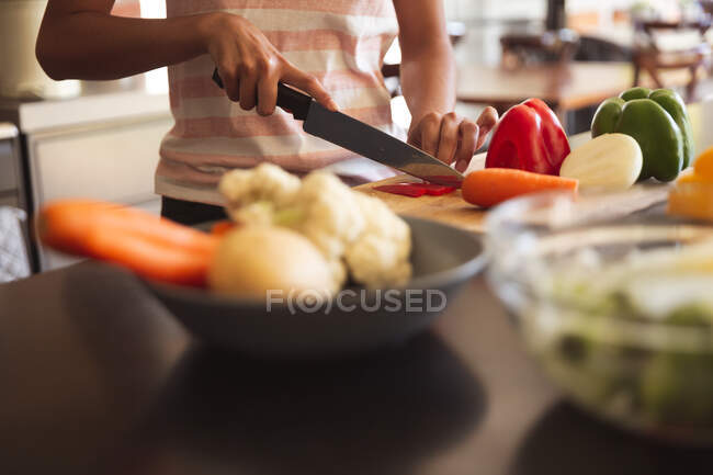 Woman spending time at home, cutting vegetables in kitchen. Self isolating and social distancing in quarantine lockdown during coronavirus covid 19 epidemic. — Stock Photo
