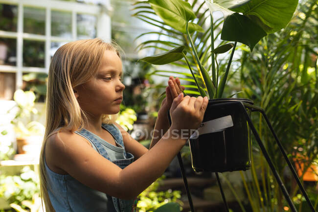 Uma menina caucasiana com longos cabelos loiros desfrutando do tempo em um jardim ensolarado, explorando, tocando folhas de plantas e olhando para elas — Fotografia de Stock