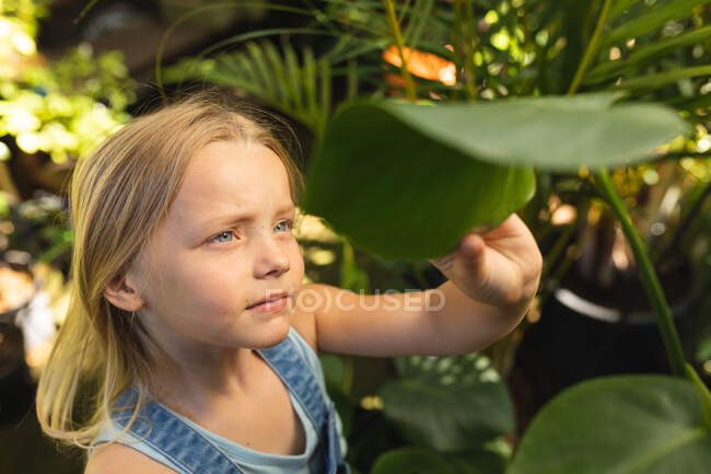 Кавказька дівчина з довгим світлим волоссям тішиться сонячним садом, оглядає, торкається листя рослин і дивиться на них. — стокове фото