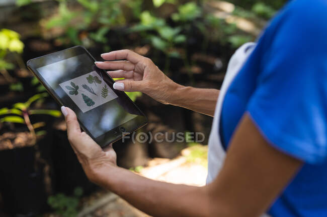 Über eine Schulteransicht einer Frau mit langen braunen Haaren, die eine Schürze trägt, durch einen sonnigen Garten geht und einen Tablet-Computer benutzt — Stockfoto