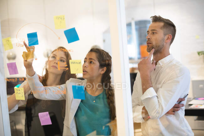 Группа из трех креативных мужчин и женщин, работающих в современном офисе, стоящих и пишущих заметки на стеклянной стене во время мозгового штурма — стоковое фото