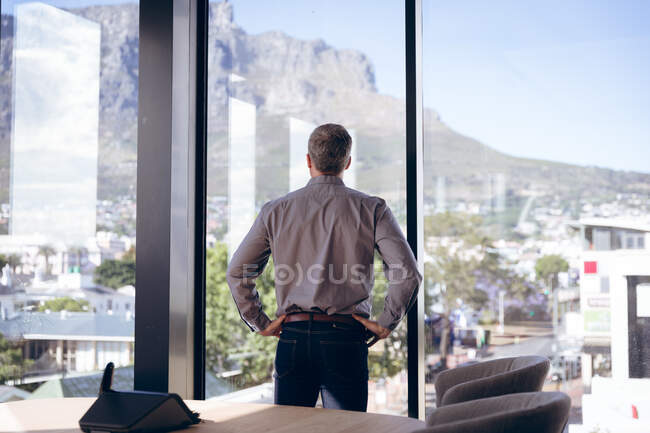 Vista trasera del hombre de negocios caucásico, vistiendo una camisa gris, trabajando en una oficina moderna, mirando por la ventana y pensando en un día soleado - foto de stock
