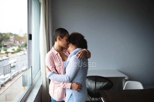 Seitenansicht eines gemischten weiblichen Paares, das es sich zu Hause gemütlich macht und an einem Fenster in seinem Wohnzimmer steht und sich umarmt — Stockfoto