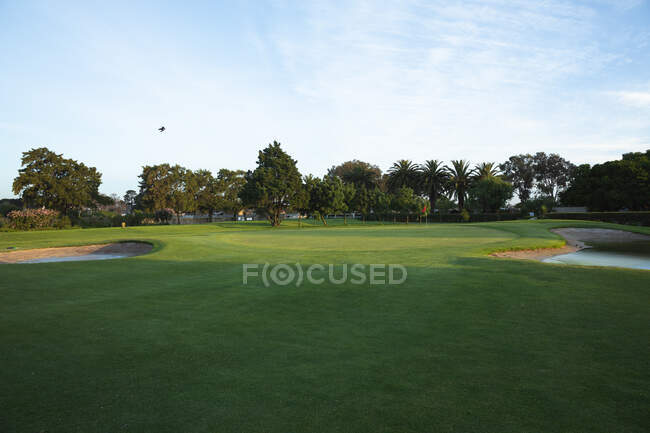 Couchers de soleil sur une pelouse verte d'un terrain de golf avec bunkers, se cachant derrière les arbres, avec ciel bleu et nuages clairs — Photo de stock