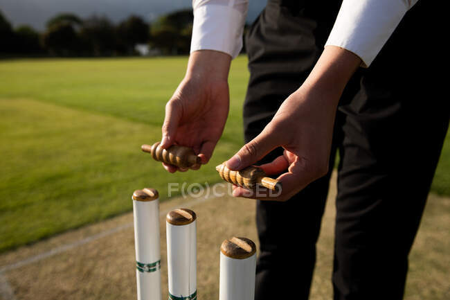 Vista lateral de la sección central del árbitro de cricket masculino con camisa blanca, sosteniendo y preparando los muñones de cricket en un día soleado. - foto de stock