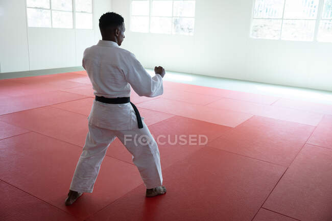 Vue arrière d'un judoka masculin de race mixte adolescent portant du judogi blanc, s'échauffant avant un entraînement dans une salle de gym, frappant une pose, frappant l'air. — Photo de stock