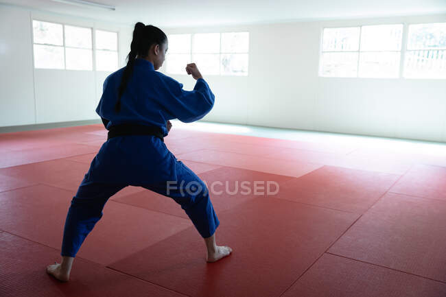 Vista trasera de una judoka adolescente de raza mixta con judogi azul, calentándose antes de un entrenamiento en un gimnasio, posando, golpeando el aire. - foto de stock