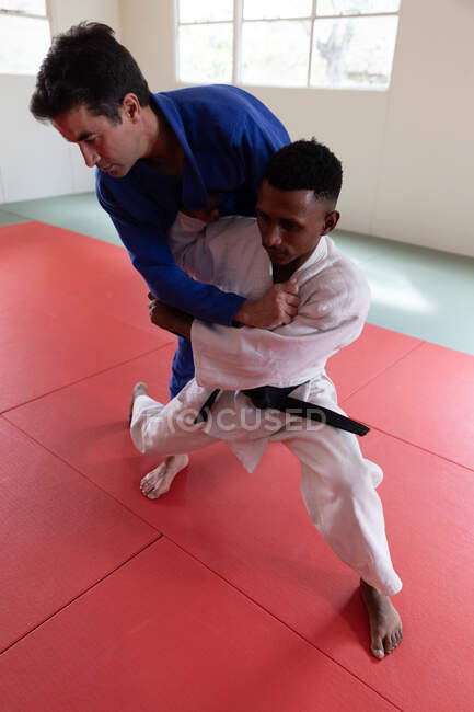 High angle front view of a mixed race male judo coach and teenage mixed race male judoka, wearing blue and white judogi, practicing judo during a training in a gym. — Stock Photo