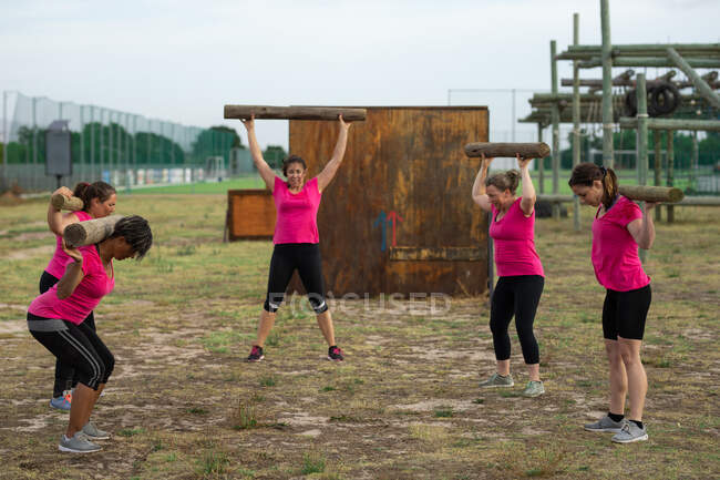 Groupe multi-ethnique de femmes portant toutes des t-shirts roses lors d'une séance d'entraînement au camp d'entraînement, d'exercices, de levage de journaux de bord. Exercice de groupe en plein air, défi sain amusant. — Photo de stock