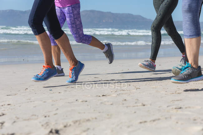 Sezione bassa di un gruppo di amiche che si esercitano su una spiaggia in una giornata di sole, correndo sulla riva del mare. — Foto stock