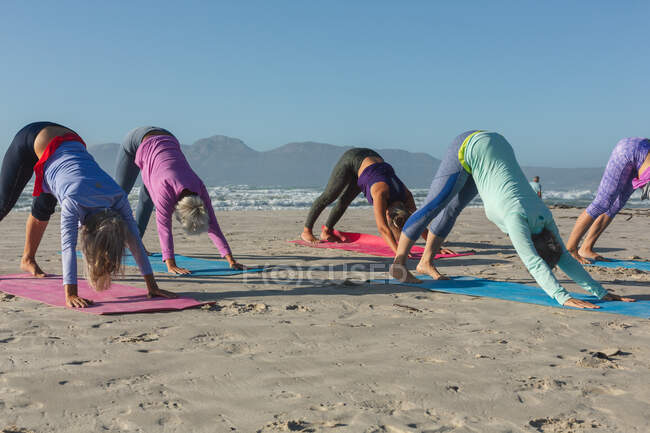 Группа кавказских подруг, занимающихся спортом на пляже в солнечный день, практикующих йогу и стоящих в позе собаки. — стоковое фото
