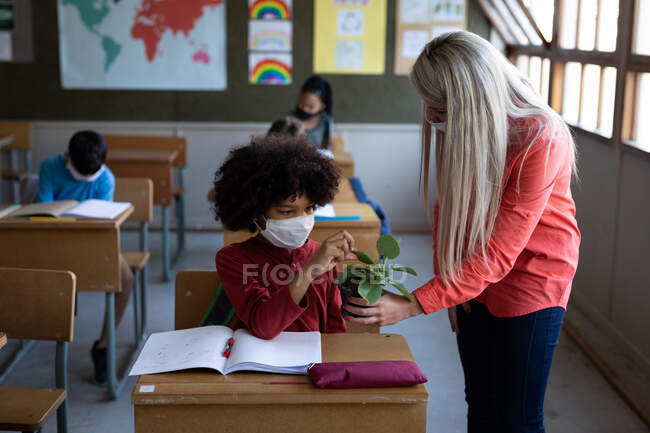 Professora caucasiana usando máscara facial mostrando um vaso de plantas para um menino de raça mista na escola. Educação primária distanciamento social segurança sanitária durante Covid19 pandemia de coronavírus. — Fotografia de Stock