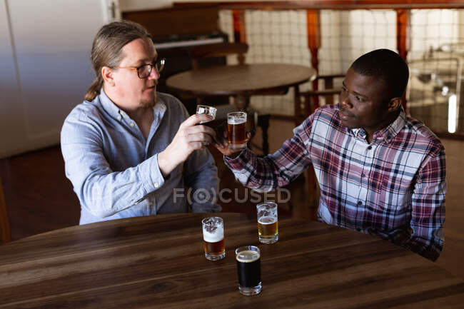 Caucasian and African American men with shirts in a microbrewery pub tasting beers and toasting — Stock Photo
