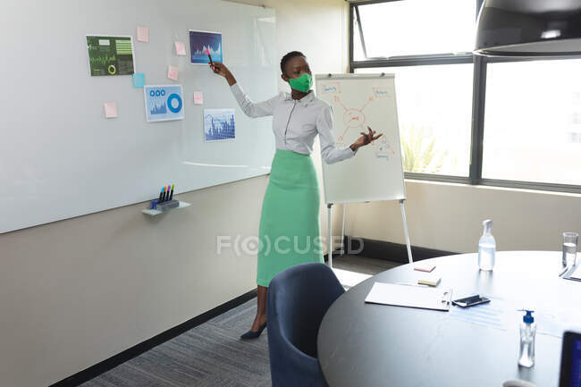 Femme afro-américaine portant un masque facial donnant une présentation dans la salle de réunion au bureau moderne. hygiène et distance sociale sur le lieu de travail lors d'une pandémie de coronavirus covid 19 — Photo de stock