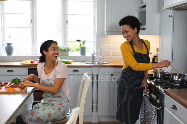 Pareja lesbiana de raza mixta preparando comida en la cocina. autoaislamiento calidad familia tiempo en casa juntos durante coronavirus covid 19 pandemia. - foto de stock