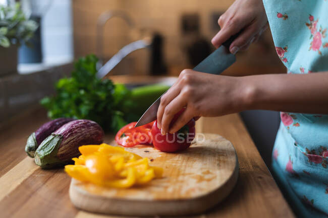 Mujer picando verduras en la cocina. autoaislamiento calidad familia tiempo en casa juntos durante coronavirus covid 19 pandemia. - foto de stock