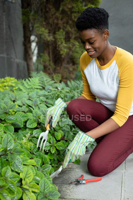 African american woman wearing gardening gloves gardening in the garden. self isolation in quarantine lockdown — Stock Photo