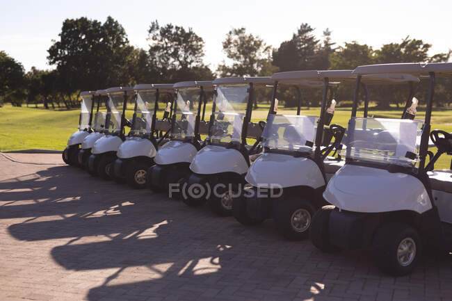 Una fila de buggies de golf estacionados cuidadosamente en el borde de un campo de golf. deporte ocio aficiones golf estilo de vida al aire libre saludable. - foto de stock