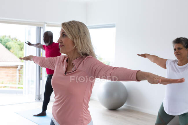 Разнообразная группа пожилых людей, принимающих участие в занятиях фитнесом дома. здоровье фитнес-благополучие в доме престарелых. — стоковое фото