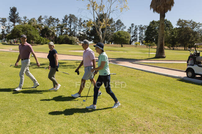Cuatro hombres y mujeres mayores caucásicos caminando lejos de bolsos que sostienen palos de golf. deportes de golf hobby, estilo de vida de jubilación saludable. - foto de stock