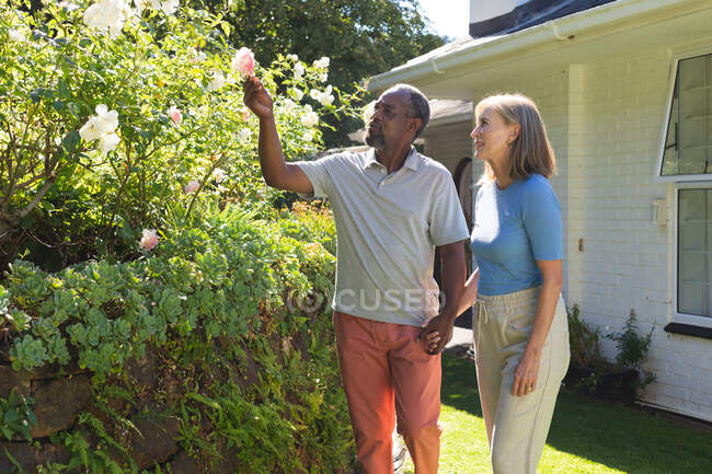 Diversa pareja de ancianos en el jardín tocando flores y sonriendo. permanecer en casa aislado durante el bloqueo de cuarentena. - foto de stock