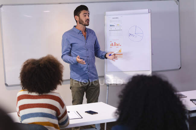Homem de negócios caucasiano em pé no quadro branco dando apresentação a grupo diversificado de colegas. negócio de design criativo independente. — Fotografia de Stock