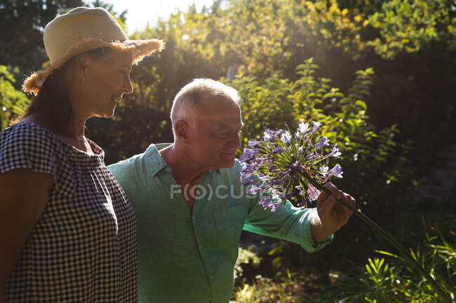 Feliz pareja de ancianos caucásicos caminando en el jardín soleado, oliendo flores. permanecer en casa aislado durante el bloqueo de cuarentena. - foto de stock