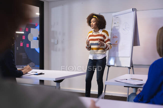 Деловая женщина смешанной расы, стоящая на доске и выступающая с презентацией перед разнообразной группой коллег. независимый бизнес креативного дизайна. — стоковое фото
